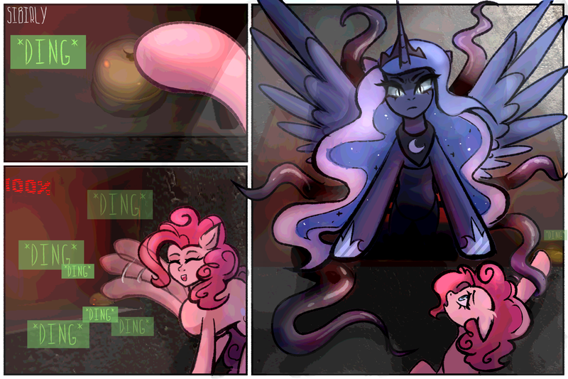 Size: 3000x2000 | Tagged: safe, artist:sibirly, derpibooru import, part of a set, pinkie pie, princess luna, alicorn, earth pony, pony, tentacle monster, angry, annoyed, bell, comic, counter, crossover, duo, duo female, eyes closed, female, floppy ears, high res, hooves, image, jeb, looking at each other, looking at someone, mare, onomatopoeia, open mouth, open smile, part of a series, percentage, png, ringing, scowl, signature, slit pupils, smiling, spread wings, tentacles, the company monster, this will end in death, this will end in tears, this will end in tears and/or death, window, wings