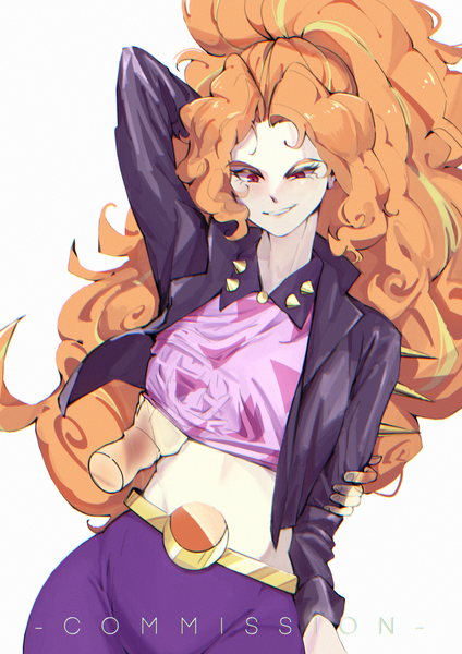 Size: 1920x2716 | Tagged: questionable, artist:amazingpuffhair, derpibooru import, adagio dazzle, human, arm behind head, belly button, breast grab, breasts, commission, disembodied hand, female, female focus, grin, grope, hand, hand under shirt, humanized, image, midriff, png, reasonably sized breasts, signature, simple background, smiling, smirk, solo focus, white background