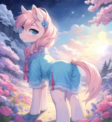 Size: 768x832 | Tagged: safe, ai content, derpibooru import, machine learning generated, prompter:panzglard, stable diffusion, earth pony, pony, blue dress, blue eyes, flower, image, jpeg, pink mane, pink pony