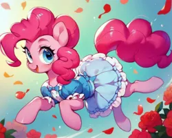 Size: 1280x1024 | Tagged: safe, ai content, derpibooru import, machine learning generated, prompter:panzglard, stable diffusion, pinkie pie, blue dress, blue eyes, flower, image, jpeg, jumping, pink mane, pink pony, rose, ruffles
