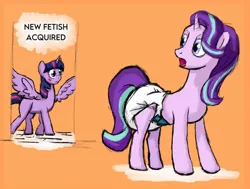 Size: 710x538 | Tagged: suggestive, artist:crinklyslinky, derpibooru import, starlight glimmer, twilight sparkle, twilight sparkle (alicorn), alicorn, unicorn, blushing, diaper, diaper fetish, fetish, image, jpeg, non-baby in diaper, shocked, shocked expression, spread wings, wingboner, wings