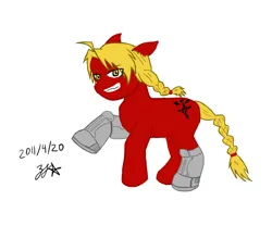 Size: 800x700 | Tagged: dead source, safe, artist:zjg, derpibooru import, ponified, earth pony, pony, 2011, amputee, crossover, cybernetic legs, edward elric, fullmetal alchemist, grin, image, looking at you, male, png, prosthetic leg, prosthetic limb, prosthetics, rule 85, simple background, smiling, solo, stallion, tail, white background
