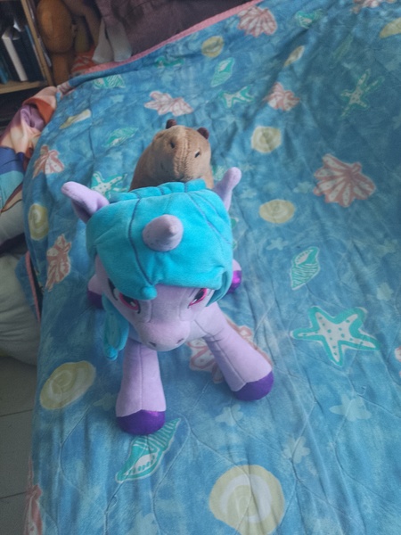 Size: 3000x4000 | Tagged: safe, derpibooru import, izzy moonbow, original species, plush pony, pony, g5, capybara, image, irl, jpeg, photo, plushie, riding