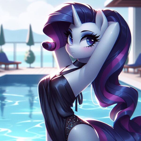 Size: 1024x1024 | Tagged: safe, ai content, derpibooru import, machine learning generated, rarity, anthro, unicorn, arm behind head, bare shoulders, black swimsuit, blurry background, blushing, clothes, eyeshadow, female, g4, generator:bing image creator, generator:dall-e 3, image, jpeg, looking at you, makeup, one-piece swimsuit, outdoors, sexy, solo, standing, swimming pool, swimsuit