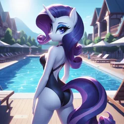 Size: 1024x1024 | Tagged: safe, ai content, derpibooru import, machine learning generated, anthro, unicorn, ass, black swimsuit, butt, clothes, eyeshadow, female, g4, generator:bing image creator, generator:dall-e 3, image, jpeg, looking at you, looking back, looking back at you, makeup, missing cutie mark, one-piece swimsuit, outdoors, rartiy, sexy, smiling, smiling at you, solo, standing, swimming pool, swimsuit, umbrella, water