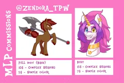 Size: 2048x1381 | Tagged: safe, artist:zendora, oc, oc:lery, oc:red heart, unofficial characters only, alicorn, earth pony, pony, advertisement, alicorn oc, axe, battle axe, colored horn, commission info, ear piercing, earring, earth pony oc, eyebrows, female, grin, heterochromia, horn, image, jewelry, mare, my little friendship: generations are magic, necklace, piercing, png, simple background, smiling, smug, weapon, wings