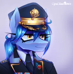 Size: 2450x2485 | Tagged: safe, artist:opal_radiance, derpibooru import, oc, oc:blue bolt, unofficial characters only, anthro, pegasus, anthro oc, clothes, female, gradient background, high res, image, pegasus oc, png, signature, smiling, solo, uniform, wings