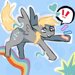Size: 1080x1074 | Tagged: safe, artist:coc0pepper, derpibooru import, derpy hooves, pegasus, pony, blue background, exclamation point, female, head, image, jpeg, mare, rainbow, simple background, smiling, solo, spread wings, wings