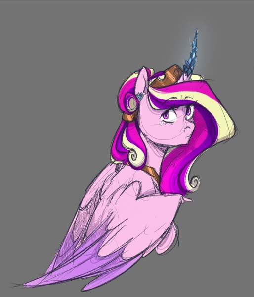 Size: 1684x1965 | Tagged: safe, artist:stellardoodles, derpibooru import, princess cadance, alicorn, pony, alternate hairstyle, crown, crystal horn, female, gray background, horn, image, jewelry, jpeg, looking back, mare, regalia, simple background, solo