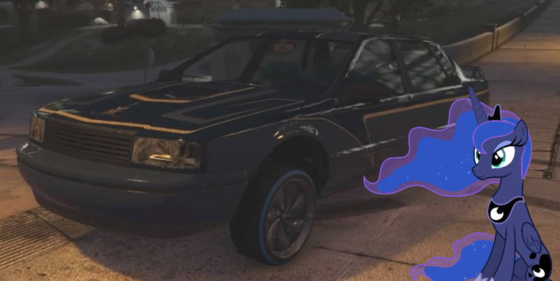 Size: 920x461 | Tagged: safe, artist:didgereethebrony, derpibooru import, part of a set, princess luna, alicorn, pony, 1000 years in photoshop, car, game screencap, grand theft auto, image, png, solo