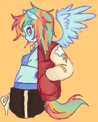 Size: 1100x1363 | Tagged: safe, artist:fangfkr, derpibooru import, rainbow dash, anthro, pegasus, pony, bikini, bikini top, breasts, candy, clothes, female, food, hand in pocket, image, jacket, jpeg, lollipop, looking at you, mare, midriff, mouth hold, orange background, reasonably sized breasts, sideboob, simple background, solo, spread wings, swimsuit, wings