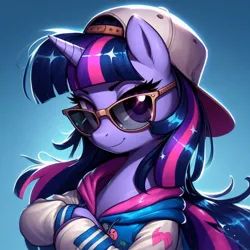 Size: 1024x1024 | Tagged: safe, ai content, derpibooru import, machine learning generated, twilight sparkle, clothes, cool, generator:dall-e 3, hat, image, jacket, jpeg, looking at you, solo focus, sunglasses