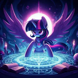 Size: 1024x1024 | Tagged: safe, ai content, derpibooru import, machine learning generated, twilight sparkle, twilight sparkle (alicorn), alicorn, candle, evil, generator:dall-e 3, image, jpeg, magic, magic circle