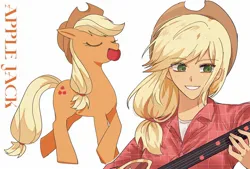 Size: 1775x1200 | Tagged: safe, artist:dontforgety0u, derpibooru import, applejack, earth pony, human, pony, apple, cute, eyes closed, female, floppy ears, food, grin, guitar, humanized, image, jackabetes, jpeg, mare, mouth hold, musical instrument, name, simple background, smiling, solo, white background