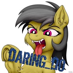 Size: 3500x3500 | Tagged: safe, artist:sassysvczka, derpibooru import, daring do, pegasus, pony, angry, bust, cheek fluff, chest fluff, ear fluff, fangs, frog (hoof), image, logo, open mouth, png, portrait, rawr, scary, simple background, text, tongue out, transparent background, underhoof