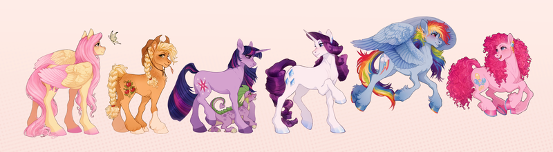 Size: 3198x885 | Tagged: safe, artist:traceofstardust, derpibooru import, applejack, fluttershy, pinkie pie, rainbow dash, rarity, spike, twilight sparkle, butterfly, dragon, earth pony, insect, pegasus, pony, unicorn, beige background, braid, braided ponytail, braided tail, chest fluff, colored hooves, colored wings, colored wingtips, ear fluff, ear piercing, earring, female, freckles, hoof fluff, image, jewelry, male, mane seven, mane six, mare, piercing, png, ponytail, pronking, simple background, straw in mouth, tail, unicorn twilight, unshorn fetlocks, wings