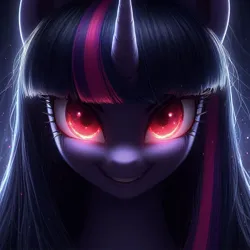 Size: 1024x1024 | Tagged: safe, ai content, derpibooru import, machine learning generated, prompter:enterusxrname, twilight sparkle, dark, evil, evil grin, g4, generator:bing image creator, generator:dall-e 3, glow, glowing eyes, grin, image, jpeg, looking at you, red eyes, smiling, solo