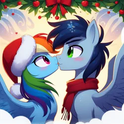 Size: 1024x1024 | Tagged: safe, ai content, derpibooru import, machine learning generated, prompter:*rainbow dash*, rainbow dash, soarin', clothes, female, g4, generator:bing image creator, hat, holly, image, kissing, male, png, scarf, shipping, soarindash, straight