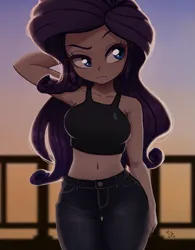 Size: 781x1000 | Tagged: safe, artist:the-park, ponerpics import, ponybooru import, rarity, equestria girls, arm behind head, belly button, breasts, busty rarity, clothes, denim, female, image, jeans, looking around, midriff, pants, png, solo, sunset, tanktop, wide hips