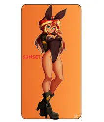 Size: 848x1000 | Tagged: safe, artist:the-park, ponerpics import, ponybooru import, sunset shimmer, equestria girls, boots, breasts, bunny ears, bunny suit, busty sunset shimmer, cleavage, clothes, female, grin, high heel boots, image, jacket, leotard, looking at you, playboy bunny, playboy bunny sunset shimmer, png, shoes, simple background, smiling, smiling at you, solo, white background