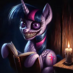Size: 2048x2048 | Tagged: semi-grimdark, ai content, derpibooru import, machine learning generated, prompter:krivovyaz, twilight sparkle, pony, unicorn, book, candle, generator:bing image creator, image, nightmare fuel, png, sharp teeth, smiling, solo, teeth, wrong cutie mark