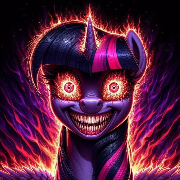 Size: 1024x1024 | Tagged: semi-grimdark, ai content, derpibooru import, machine learning generated, prompter:enterusxrname, twilight sparkle, twilight sparkle (alicorn), alicorn, evil, fire, g4, generator:bing image creator, generator:dall-e 3, glow, glowing eyes, image, insanity, jpeg, nightmare fuel, red eyes, solo, twilight snapple