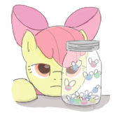 Size: 170x164 | Tagged: safe, artist:kleyime, ponerpics import, apple bloom, ponified, earth pony, parasprite, pony, alice in chains, bow, image, jar, jar of flies, png, ponified album cover, simple background, solo, white background