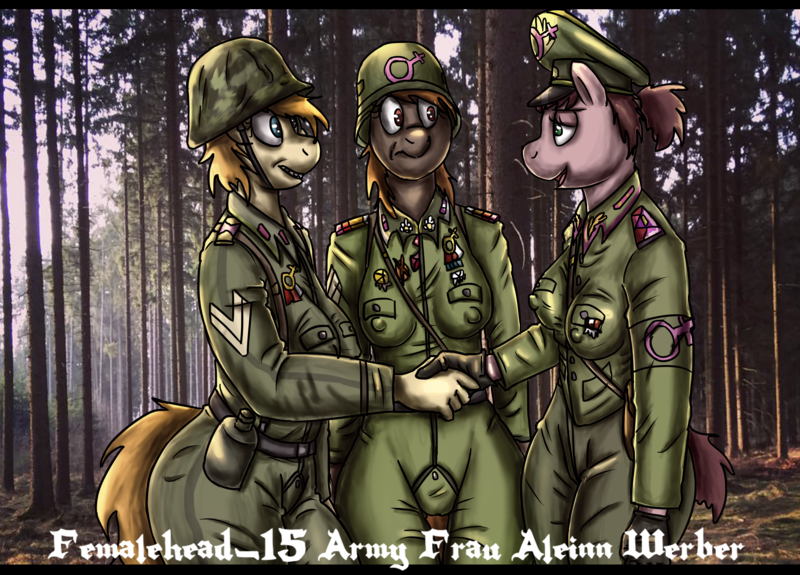 Size: 7015x5042 | Tagged: questionable, artist:juninhooficial, derpibooru import, oc, anthro, earth pony, anthro oc, army, breasts, cap, clothes, erect nipples, female, females only, feminazi, feminism, forest, forest background, german text, handshake, hat, image, jumpsuit, military, military uniform, nipple outline, png, skintight clothes, soldiers, stahlhelm, tight clothing, tree, uniform, uniform fetish, wandism