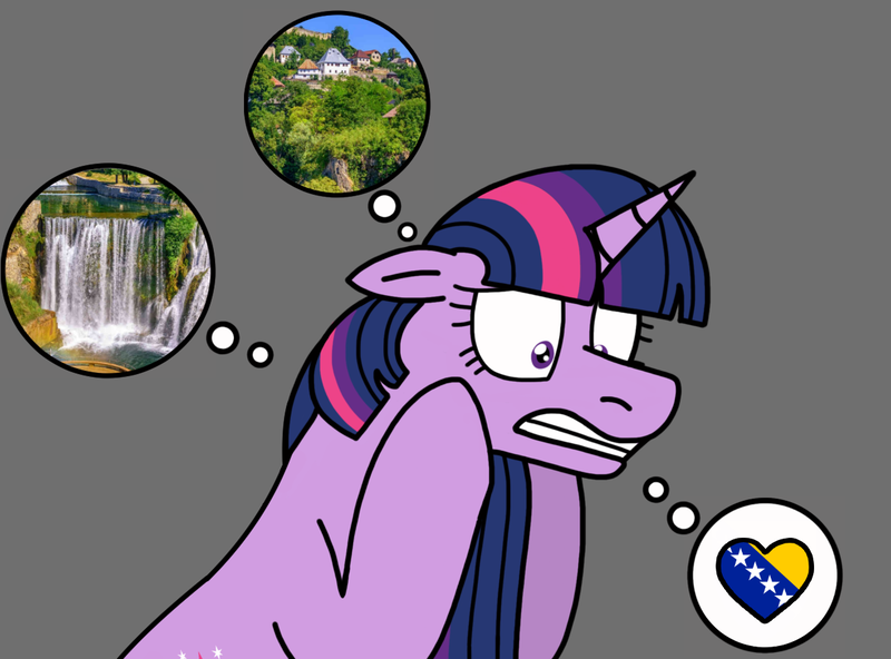 Size: 1205x891 | Tagged: safe, artist:kindheart525, derpibooru import, edit, twilight sparkle, pony, unicorn, bosnia, earth, female, grayscale, image, mare, meme, monochrome, png, romance, scenery, solo, unicorn twilight, water, waterfall, wingless, wingless edit