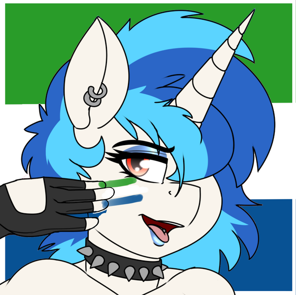Size: 1488x1485 | Tagged: suggestive, artist:coatieyay, derpibooru import, edit, vinyl scratch, anthro, pony, unicorn, africa, choker, clothes, collar, ear piercing, earring, eyeshadow, face paint, female, fingerless gloves, gloves, hair over one eye, image, jewelry, makeup, mare, national flag, open mouth, patriotic, piercing, png, pride, sierra leone, spiked choker, tongue out, tongue piercing