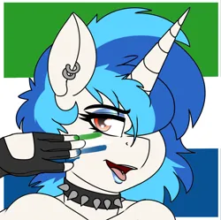 Size: 1488x1485 | Tagged: suggestive, artist:coatieyay, derpibooru import, edit, vinyl scratch, anthro, pony, unicorn, africa, choker, clothes, collar, ear piercing, earring, eyeshadow, face paint, female, fingerless gloves, gloves, hair over one eye, image, jewelry, makeup, mare, national flag, open mouth, patriotic, piercing, png, pride, sierra leone, spiked choker, tongue out, tongue piercing