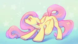 Size: 4096x2304 | Tagged: safe, artist:amishy, derpibooru import, fluttershy, pegasus, pony, abstract background, blush lines, blushing, cute, emanata, eyes closed, female, floppy ears, high res, image, jpeg, mare, shyabetes, solo, stretching