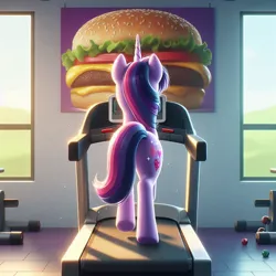 Size: 1024x1024 | Tagged: prompter needed, safe, ai content, derpibooru import, machine learning generated, twilight sparkle, pony, unicorn, burger, cheeseburger, female, food, g4, generator:dall-e 3, gym, hamburger, image, indoors, jpeg, mare, rear view, solo, that pony sure does love burgers, treadmill, twilight burgkle, unicorn twilight, window, wrong cutie mark