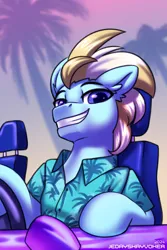 Size: 2000x3000 | Tagged: safe, alternate version, artist:jedayskayvoker, derpibooru import, oc, oc:miami machine, unofficial characters only, earth pony, pony, blue eyes, bust, car, clothes, earth pony oc, eyebrows, grand theft auto, grin, hawaiian shirt, high res, image, looking at you, male, png, portrait, shirt, signature, smiling, smiling at you, solo, stallion, staring at you