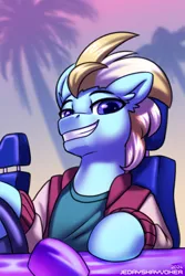 Size: 2000x3000 | Tagged: safe, alternate version, artist:jedayskayvoker, derpibooru import, oc, oc:miami machine, unofficial characters only, earth pony, pony, bust, car, clothes, earth pony oc, eyebrows, grin, high res, hotline miami, image, jacket, looking at you, male, png, portrait, signature, smiling, smiling at you, solo, stallion, staring at you, varsity jacket