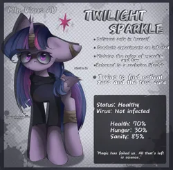 Size: 2350x2300 | Tagged: grimdark, artist:miryelis, derpibooru import, twilight sparkle, twilight sparkle (alicorn), alicorn, pony, alternate universe, bandage, clothes, image, long hair, looking at you, png, solo, standing, text, virus