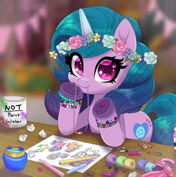 Size: 2893x2900 | Tagged: safe, artist:horsesrnaked, derpibooru import, screencap, izzy moonbow, pony, unicorn, g5, anime eyes, banner, beads, blue mane, blue tail, bracelet, candle, craft, crumpled paper, eraser, floral head wreath, flower, friendship bracelet, frog (hoof), image, implied hitch trailblazer, implied izzy moonbow, implied misty brightdawn, implied pipp petals, implied sunny starscout, implied zipp storm, jar, jewelry, kuzco's poison, looking at you, mouth hold, mug, pen cap, pencil, pencil drawing, png, ribbon, rubber band, smiling, smiling at you, solo, string, table, tail, traditional art, underhoof