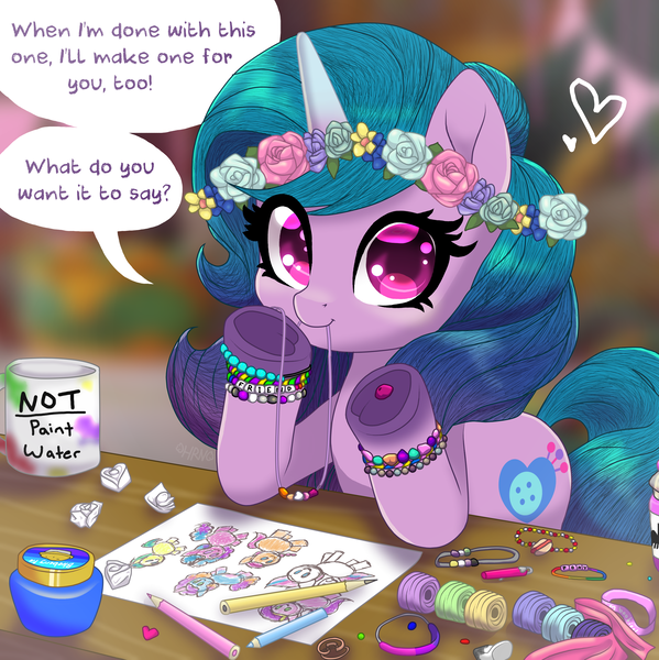 Size: 2893x2900 | Tagged: safe, artist:horsesrnaked, derpibooru import, screencap, izzy moonbow, pony, unicorn, g5, anime eyes, banner, beads, blue mane, blue tail, bracelet, candle, craft, crumpled paper, dialogue, eraser, floral head wreath, flower, friendship bracelet, frog (hoof), heart, image, implied hitch trailblazer, implied izzy moonbow, implied misty brightdawn, implied pipp petals, implied sunny starscout, implied zipp storm, jar, jewelry, kuzco's poison, looking at you, mouth hold, mug, pen cap, pencil, pencil drawing, png, ribbon, rubber band, smiling, smiling at you, solo, string, table, tail, talking, talking to viewer, traditional art, underhoof