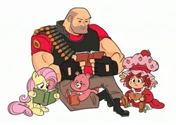 Size: 2844x2026 | Tagged: safe, artist:quaziesart, derpibooru import, fluttershy, bear, human, pegasus, pony, book, care bears, cheer bear, crossover, female, g4, heavy weapons guy, high res, image, jpeg, male, mare, reading, simple background, sitting, strawberry shortcake, strawberry shortcake (character), team fortress 2, white background