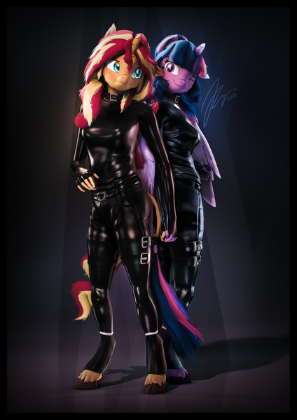 Size: 4000x5656 | Tagged: safe, artist:imafutureguitarhero, derpibooru import, sci-twi, sunset shimmer, twilight sparkle, twilight sparkle (alicorn), alicorn, anthro, classical unicorn, pony, unguligrade anthro, unicorn, 3d, abstract background, absurd resolution, adorasexy, alicornified, badass, badass adorable, border, cheek fluff, chin fluff, chromatic aberration, clasped hands, clothes, cloven hooves, collar, colored eybrows, colored eyelashes, colored wings, cute, duo, ear fluff, ear freckles, female, film grain, fingerless gloves, floppy ears, fluffy, fluffy hair, fluffy mane, fluffy tail, freckles, fur, gloves, holding hands, horn, image, jpeg, latex, latex boots, latex gloves, latex suit, leg strap, leonine tail, long hair, long mane, long nails, looking at each other, looking at someone, mare, multicolored hair, multicolored mane, multicolored tail, neck fluff, nose wrinkle, one ear down, one eye closed, paintover, peppered bacon, race swap, revamped anthros, revamped ponies, sci-twilicorn, sexy, shadow, shiny, signature, skintight clothes, smiling, smiling at each other, source filmmaker, tail, tail fluff, twiabetes, two toned wings, unshorn fetlocks, vertical, wall of tags, wing freckles, wings, wink