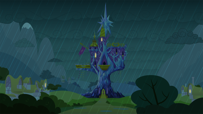 Size: 2835x1600 | Tagged: safe, artist:culu-bluebeaver, derpibooru import, edit, vector edit, castle, cloud, digital, digital art, houses, image, mountain, no pony, png, ponyville, rain, scenery, tree, twilight's castle, vector, vector trace