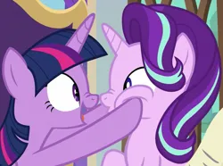 Size: 1118x834 | Tagged: safe, derpibooru import, screencap, starlight glimmer, twilight sparkle, twilight sparkle (alicorn), alicorn, pony, unicorn, season 9, the beginning of the end, spoiler:s09, boop, cropped, duo, duo female, female, g4, hooves on cheeks, image, mare, nose wrinkle, noseboop, png, squishy cheeks, twilight's office
