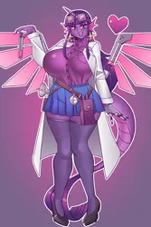 Size: 3000x4500 | Tagged: safe, artist:nauth, derpibooru import, oc, oc:nebula the dragon, anthro, cyborg, hybrid, unicorn, equestria girls, big breasts, breasts, celestia's dragon breeding program, clothes, commission, cybernetic arm, cybernetic wings, egg, glasses, hatching, image, jpeg, lab coat, large butt, parent:spike, parent:twilight sparkle, scientist, sexy, wings
