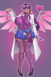 Size: 3000x4500 | Tagged: safe, artist:nauth, derpibooru import, oc, oc:nebula the dragon, anthro, cyborg, human, hybrid, unicorn, equestria girls, big breasts, breasts, celestia's dragon breeding program, clothes, commission, cybernetic arm, cybernetic wings, egg, hatching, image, jpeg, lab coat, large butt, parent:spike, parent:twilight sparkle, scientist, sexy, wings
