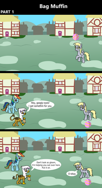 Size: 1920x3516 | Tagged: safe, artist:platinumdrop, derpibooru import, derpy hooves, gilda, rainbow dash, gryphon, pegasus, pony, comic:bag muffin, 3 panel comic, abuse, bag, ball, blank flank, building, bully, bullying, chickub, closed mouth, comic, commission, derpybuse, dialogue, female, filly, filly derpy, filly rainbow dash, foal, folded wings, g4, grass, happy, image, insult, li'l gilda, mocking, open mouth, outdoors, paper bag, playing, png, ponyville, raised hoof, sad, scrunchy face, smiling, smug, smug smile, speech bubble, spread wings, talking, trio, trio female, wings, younger