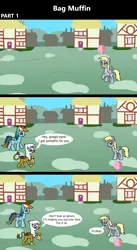 Size: 1920x3516 | Tagged: safe, artist:platinumdrop, derpibooru import, derpy hooves, gilda, rainbow dash, gryphon, pegasus, pony, comic:bag muffin, 3 panel comic, abuse, bag, ball, blank flank, building, bully, bullying, chickub, closed mouth, comic, commission, derpybuse, dialogue, female, filly, filly derpy, filly rainbow dash, foal, folded wings, g4, grass, happy, image, insult, li'l gilda, mocking, open mouth, outdoors, paper bag, playing, png, ponyville, raised hoof, sad, scrunchy face, smiling, smug, smug smile, speech bubble, spread wings, talking, trio, trio female, wings, younger