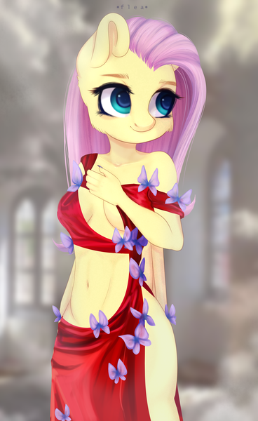 Size: 2220x3624 | Tagged: suggestive, artist:flea, derpibooru import, fluttershy, anthro, butterfly, insect, pony, clothes, commission, dress, female, g4, image, mare, png, signature, solo, ych example, your character here