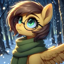 Size: 2048x2048 | Tagged: prompter needed, safe, ai content, derpibooru import, machine learning generated, oc, oc:yuris, unofficial characters only, pegasus, pony, clothes, derpibooru exclusive, female, forest, glasses, image, nature, night, png, scarf, solo, tree, winter