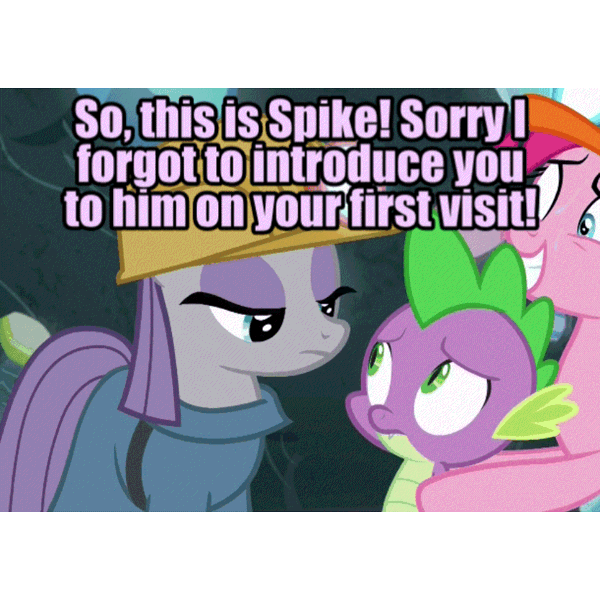 Size: 844x844 | Tagged: safe, edit, edited screencap, editor:undeadponysoldier, ponerpics import, ponybooru import, screencap, pinkie pie, spike, pony, rock solid friendship, animated, cave, colored text, dialogue, discovery family logo, episode reference, female, gem, gif, helmet, image, introduction, mare, mining helmet