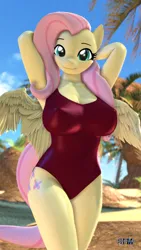 Size: 1080x1920 | Tagged: suggestive, artist:anthroponiessfm, derpibooru import, fluttershy, anthro, 3d, arm behind head, baywatch, beach, big breasts, breasts, busty fluttershy, cleavage, clothes, crossed legs, erect nipples, female, huge breasts, image, looking at you, one-piece swimsuit, png, sexy, solo, solo female, source filmmaker, swimsuit
